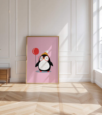 Adorable penguin with balloon and glasses illustration