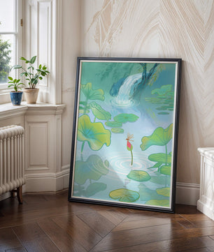 Serene pond scene with lotus leaves and waterfall