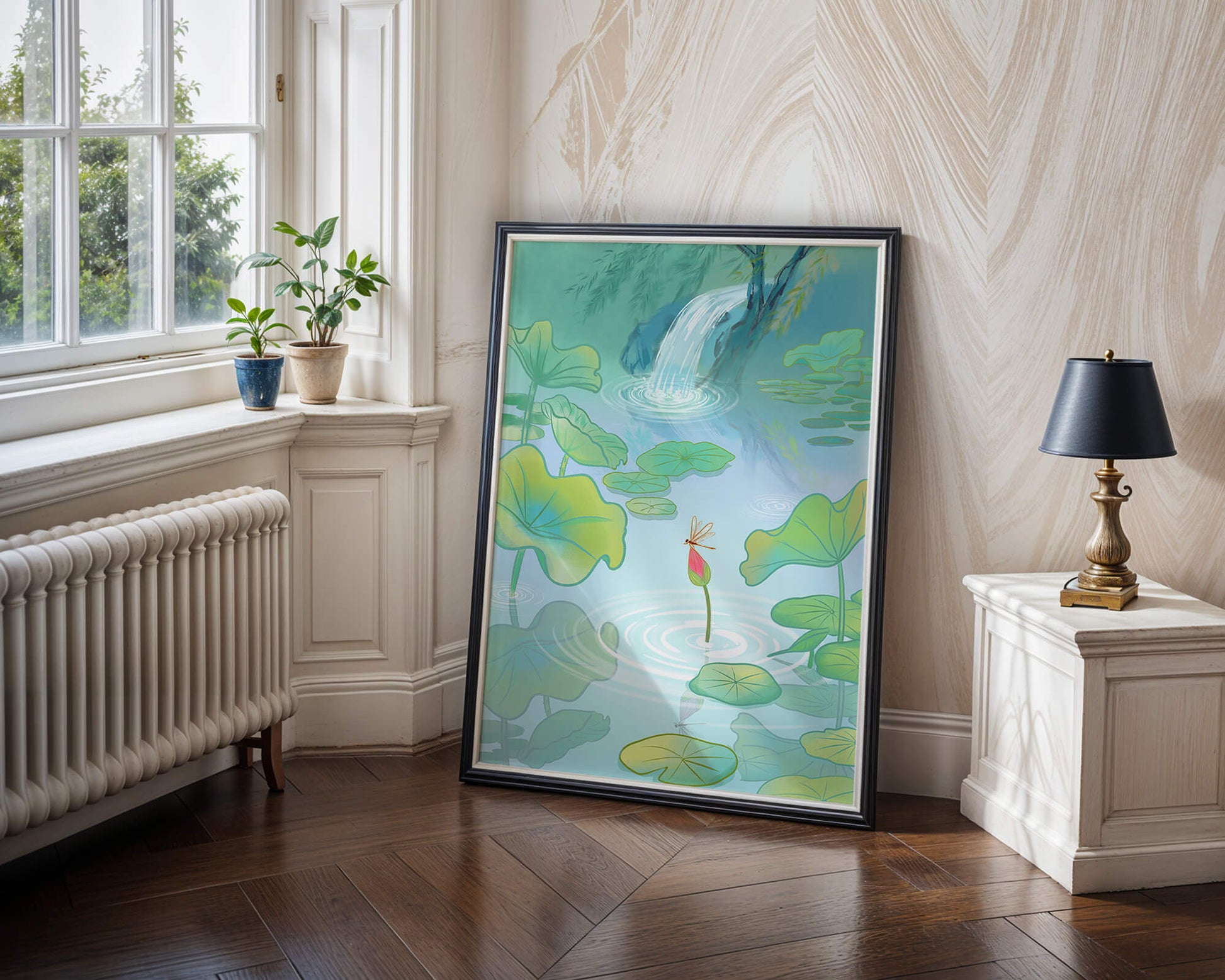 Serene pond scene with lotus leaves and waterfall