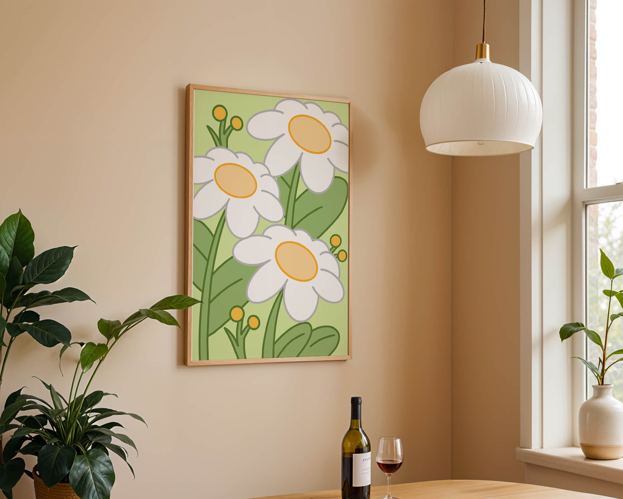 Charming illustrated daisies on a green background