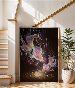 Colorful Koi Fish in a Dreamlike Underwater Scene with Illuminated Elements
