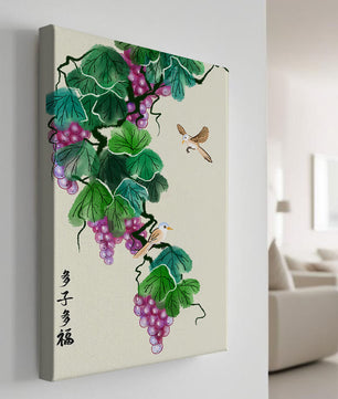 Watercolor grapevine and birds illustration with traditional art style