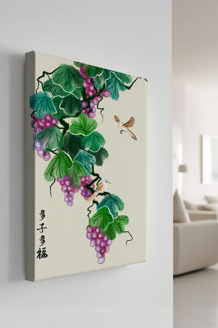 Watercolor grapevine and birds illustration with traditional art style