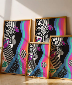 Colorful abstract art with geometric patterns and vibrant shapes