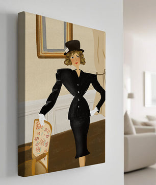 Elegant Woman in Vintage Fashion with Black Suit and Hat