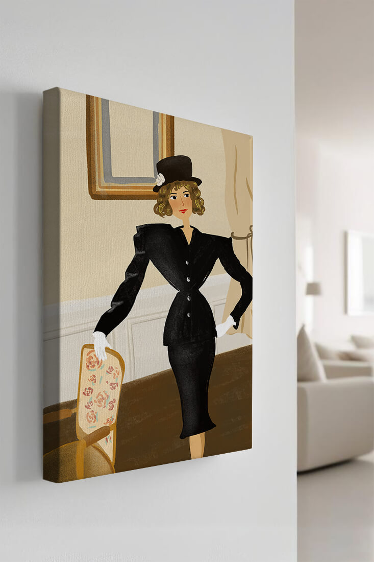 Mujer elegante en moda vintage con traje negro y sombrero