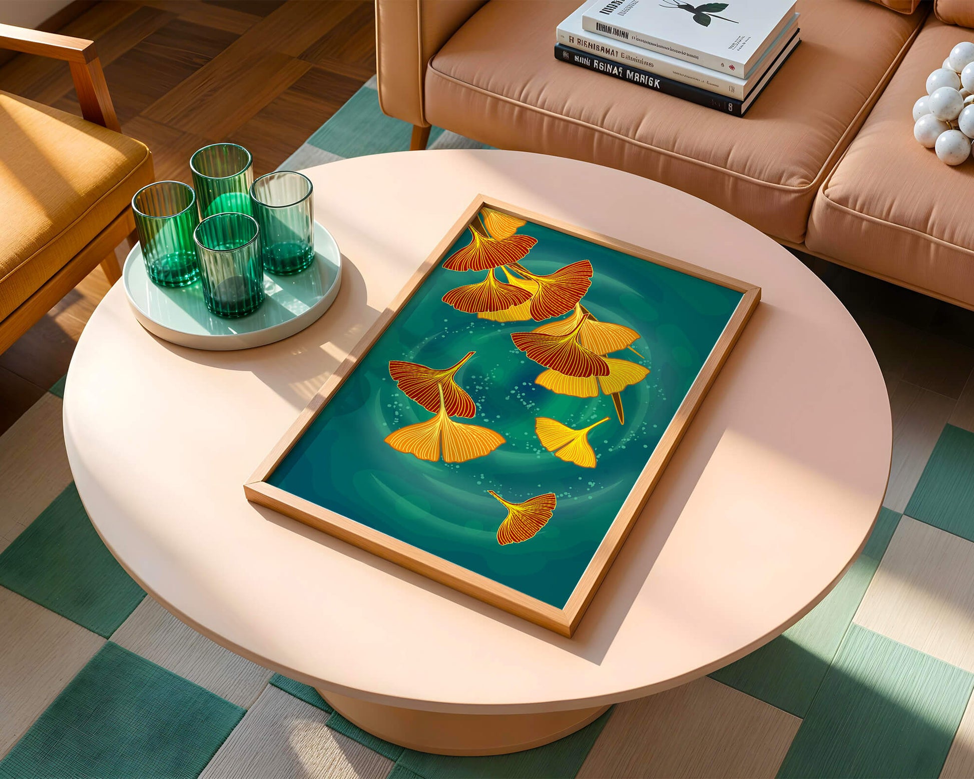 Stylized Ginkgo Leaves Floating on a Turquoise Background