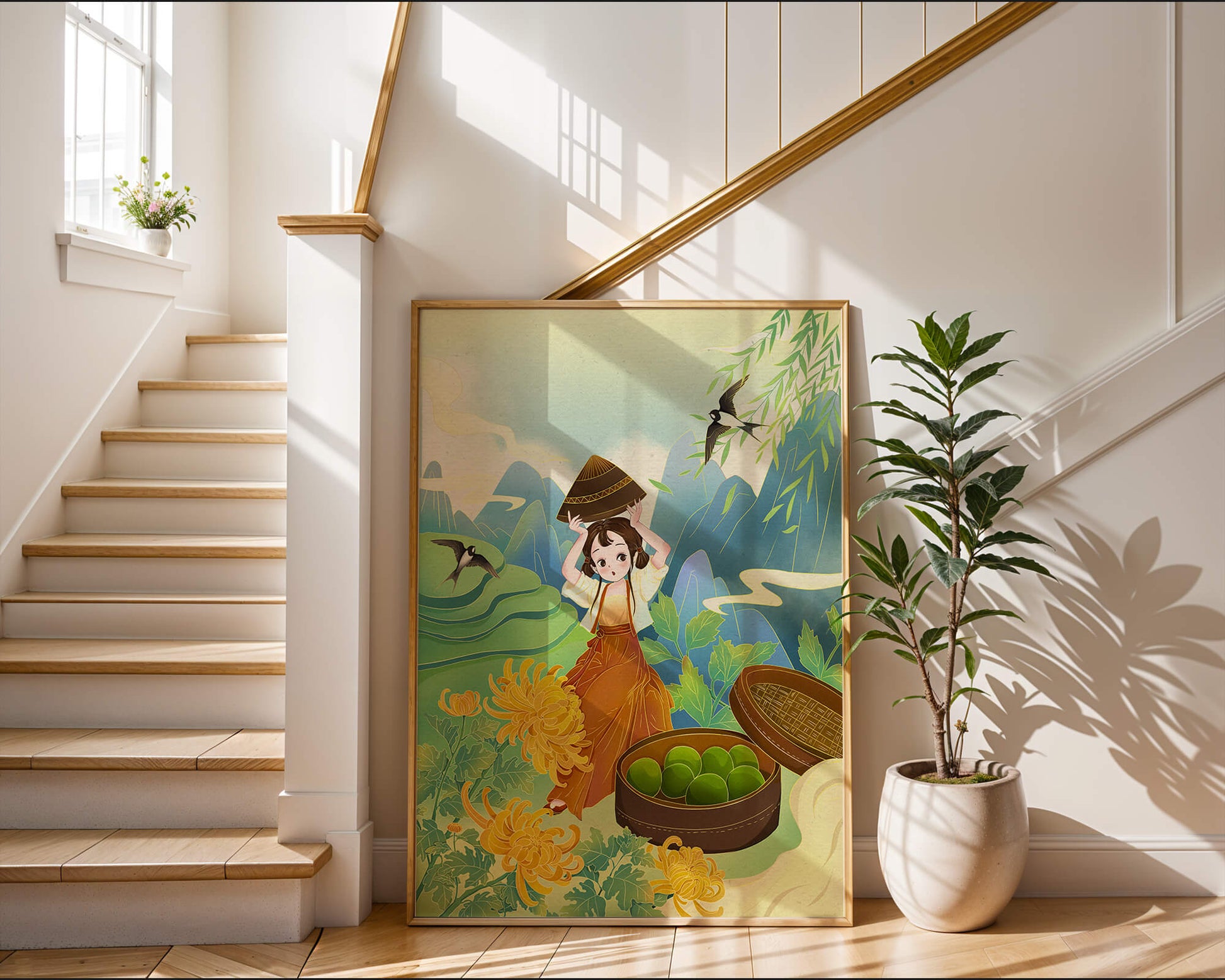 Young girl with basket in vibrant mountain landscape with birds and flowers
