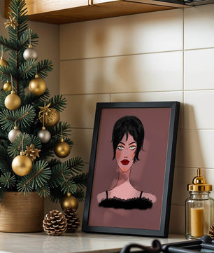 Illustration einer Frau mit kurzen schwarzen Haaren und auffälligem Make-up auf braunem Hintergrund