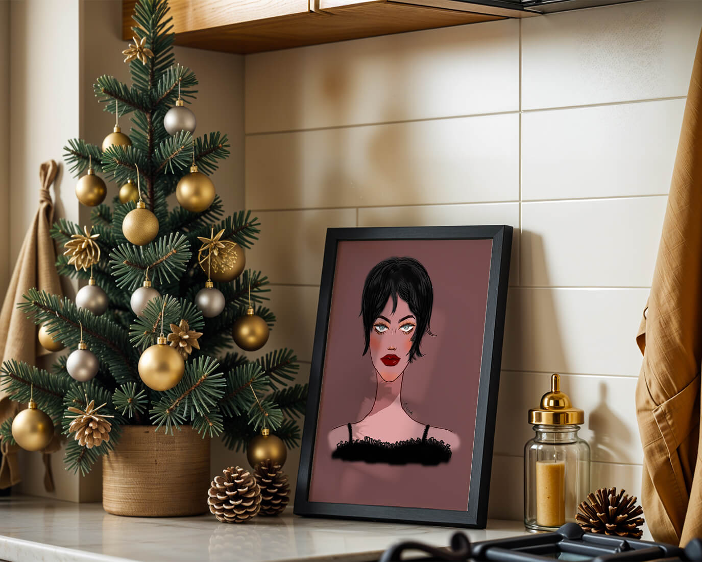 Illustration of a woman with short black hair and striking makeup on a brown background