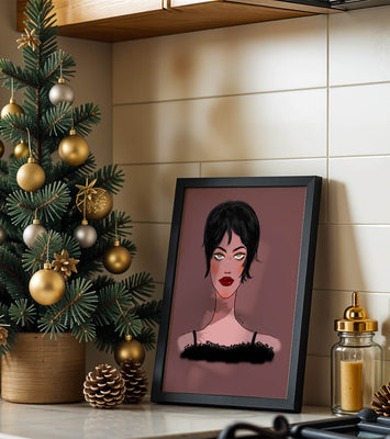 Illustration of a woman with short black hair and striking makeup on a brown background
