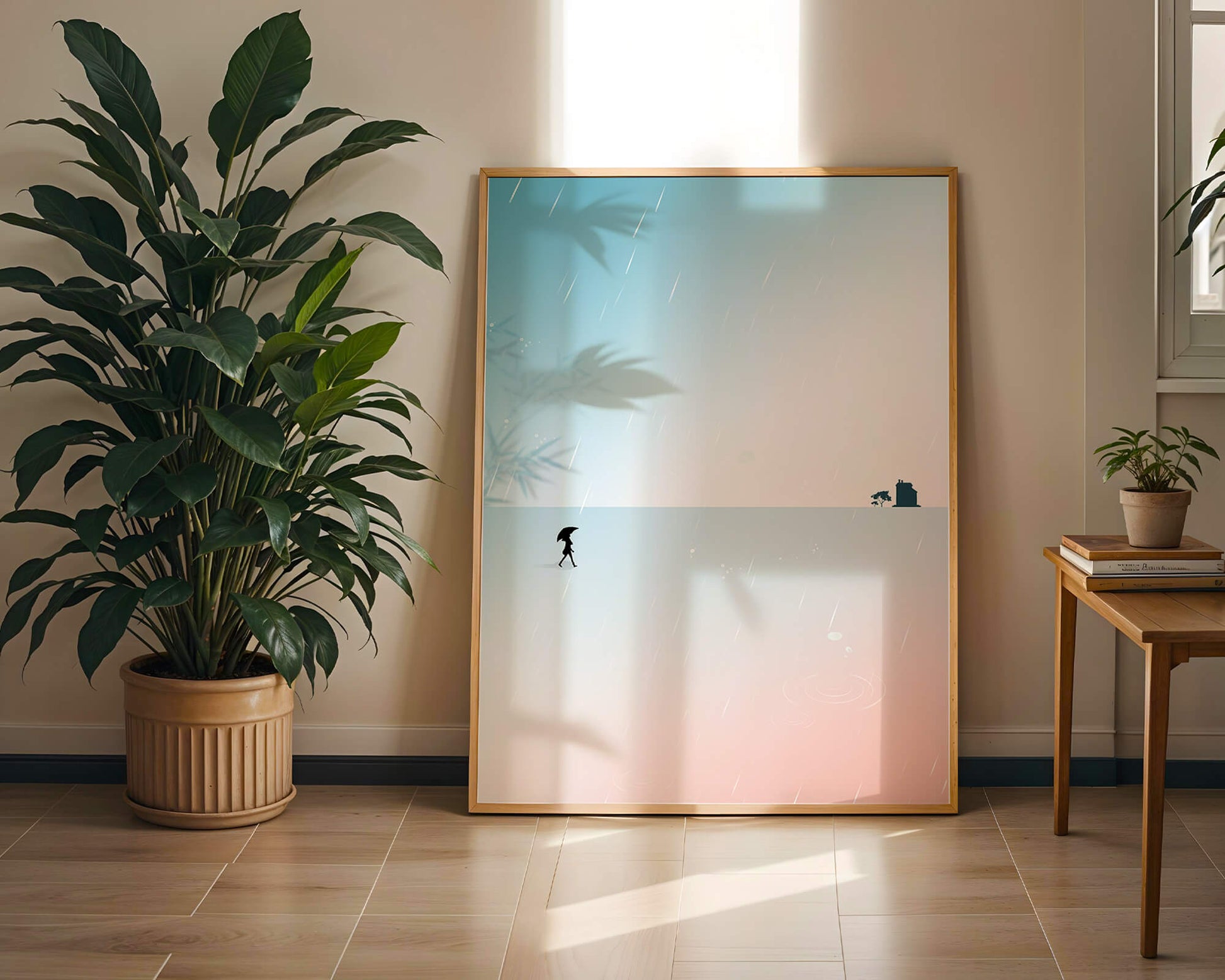 Paisaje Minimalista con Silueta en Ambiente Lluvioso