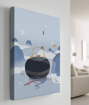 Peaceful winter landscape with kettle and cherry blossoms