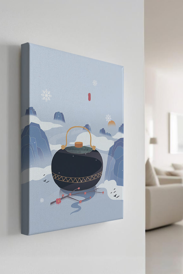 Peaceful winter landscape with kettle and cherry blossoms