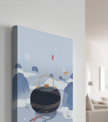 Peaceful winter landscape with kettle and cherry blossoms