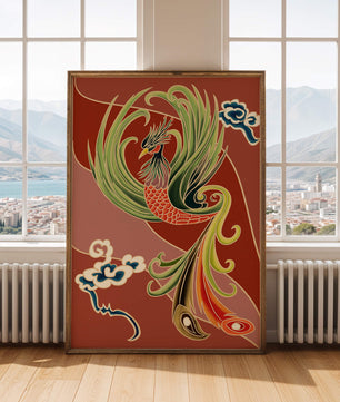 Ilustración estilizada de un fénix con colores vibrantes y nubes