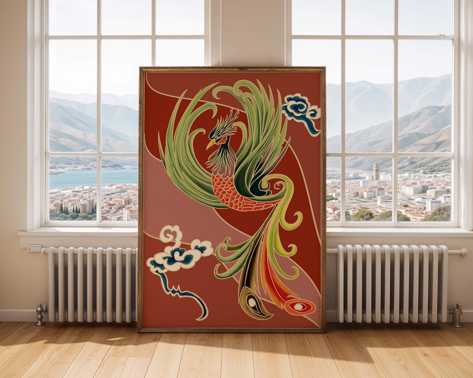 Stylized phoenix illustration with vibrant colors and clouds