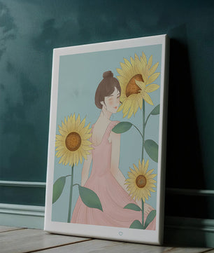 Ilustración de una mujer en un vestido rosa con girasoles