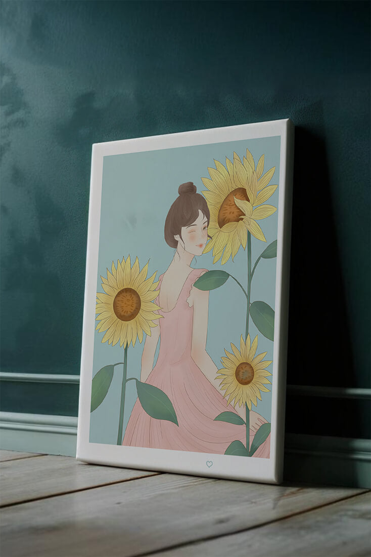 Illustration of a woman in a pink dress with sunflowers