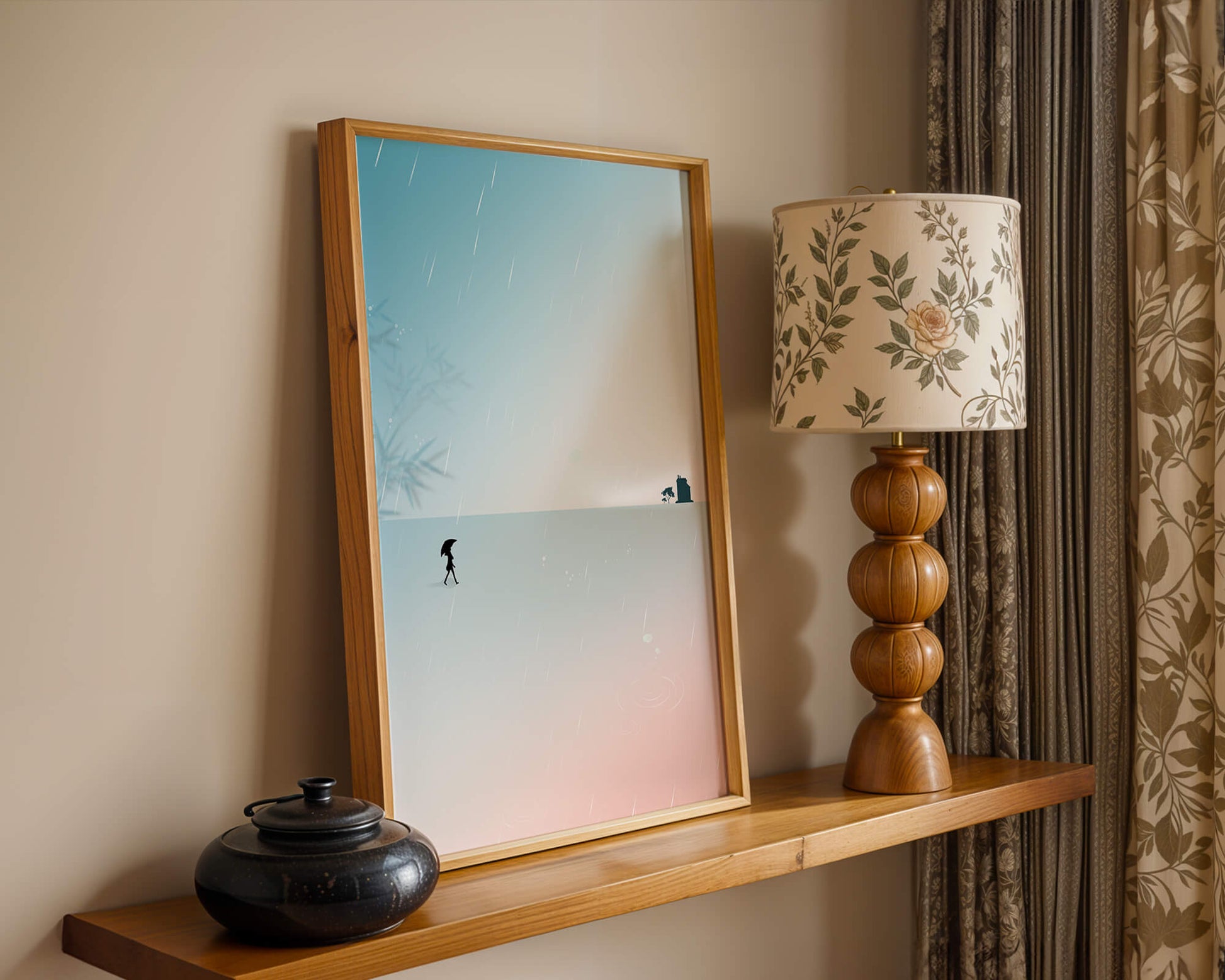 Paisaje Minimalista con Silueta en Ambiente Lluvioso