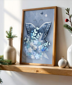 Floral and butterfly digital artwork in calming blue shades