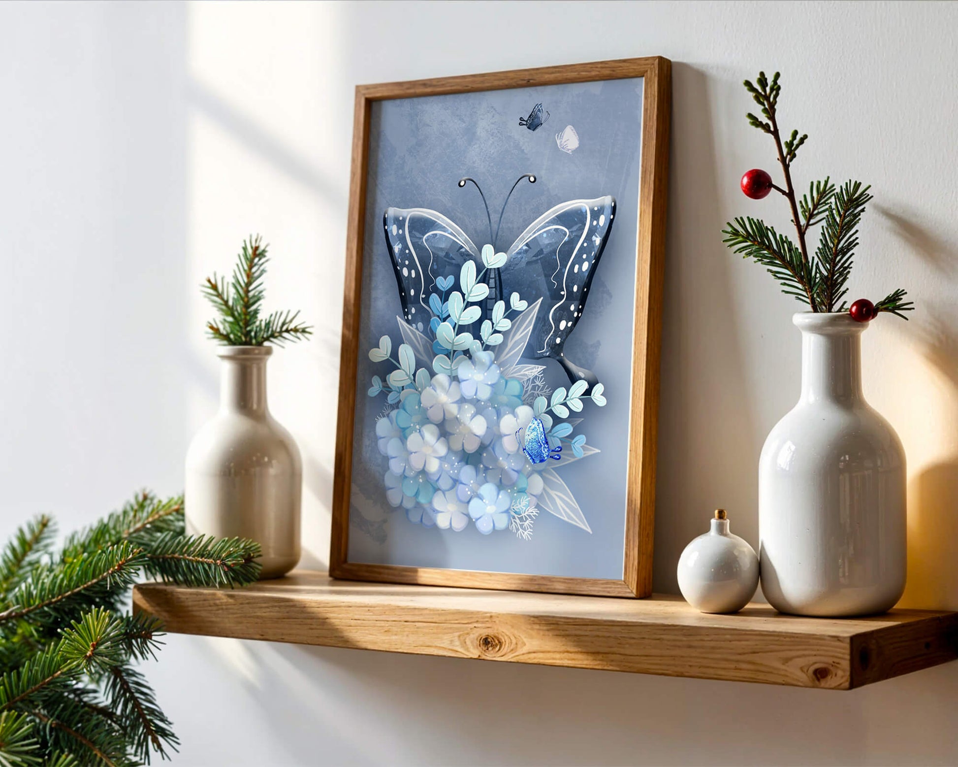 Floral and butterfly digital artwork in calming blue shades