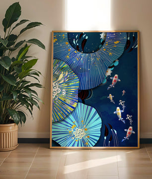 Scène sous-marine vibrante avec des carpes koï et un motif floral abstrait