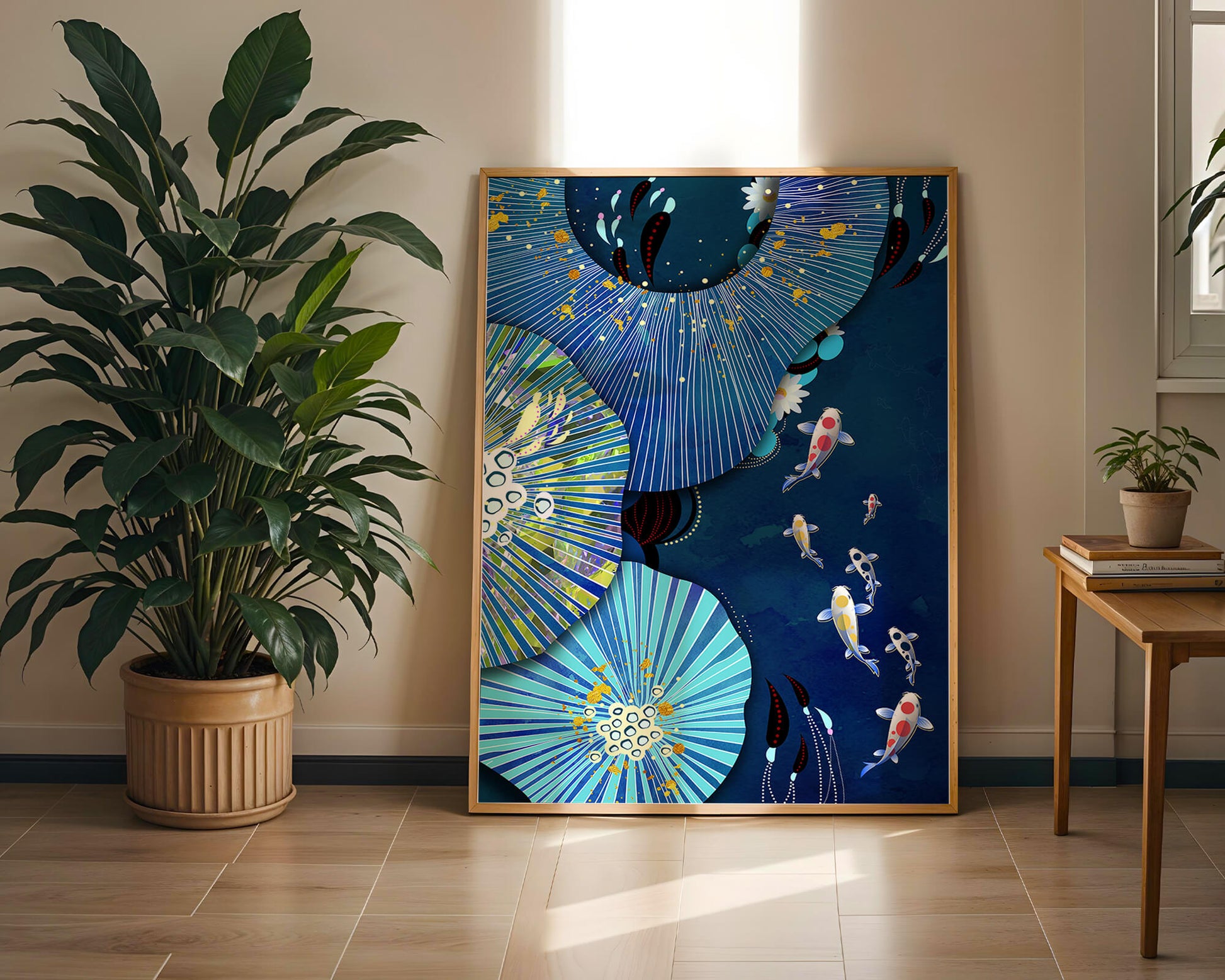Vibrant underwater scene with koi fish and abstract floral design
