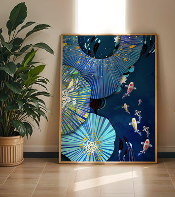 Vibrant underwater scene with koi fish and abstract floral design