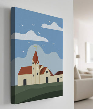 Idyllic Church Landscape with Golden Cross and Blue Sky