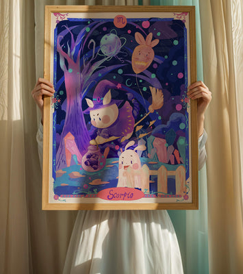 Whimsical zodiac scorpio scene with a magical theme