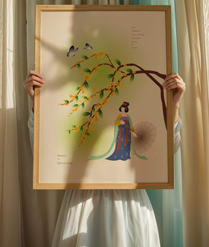 Traditional Chinese painting featuring a woman with flowers and butterflies