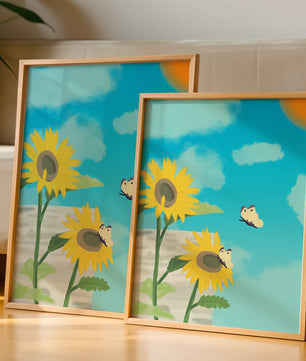 Sunflowers And Butterflies Under A Bright Blue Sky