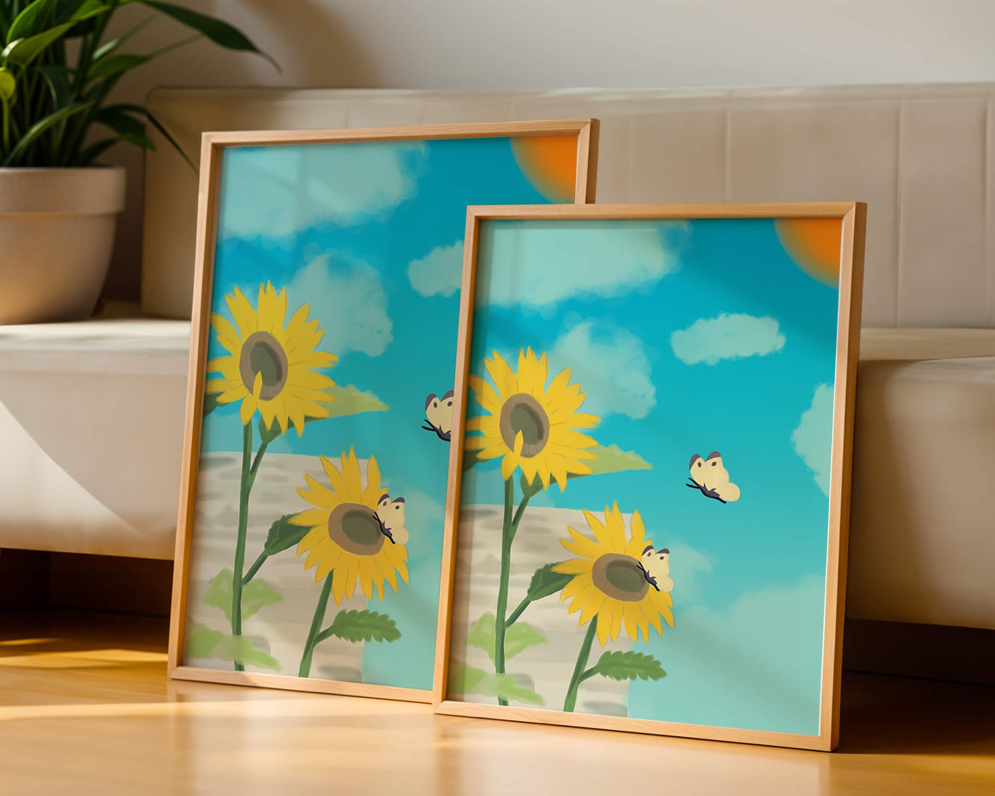 Sunflowers And Butterflies Under A Bright Blue Sky