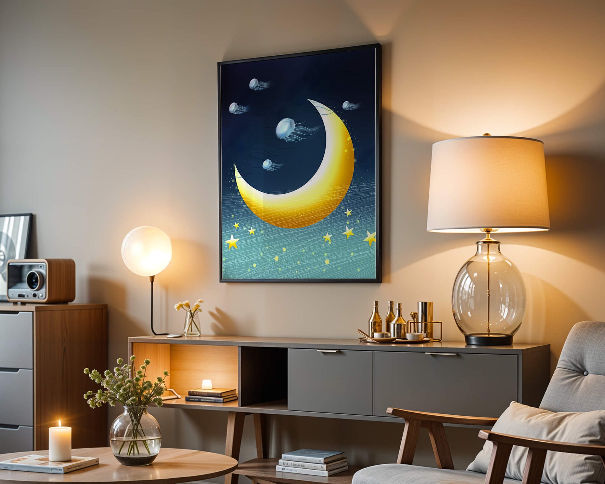 Night sky with golden crescent moon and jellyfish drifting