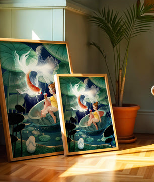 Illustration imaginative d'une fille avec un poisson et un lapin sous des nénuphars illuminés par la lune