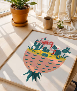 Ilustración de flamenco con cactus en jarrón de piña