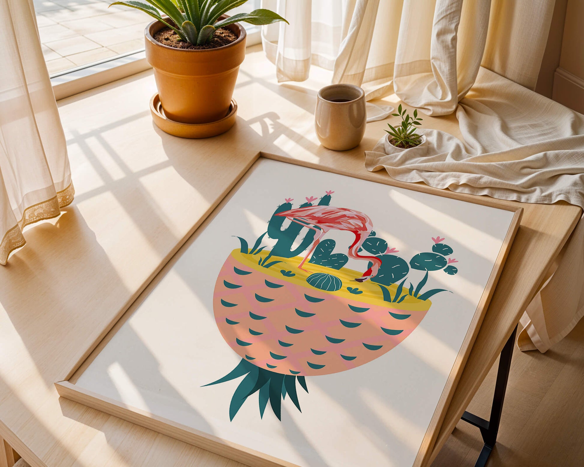 Ilustración de flamenco con cactus en jarrón de piña