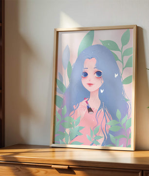 Illustration of a blue-haired girl surrounded by greenery