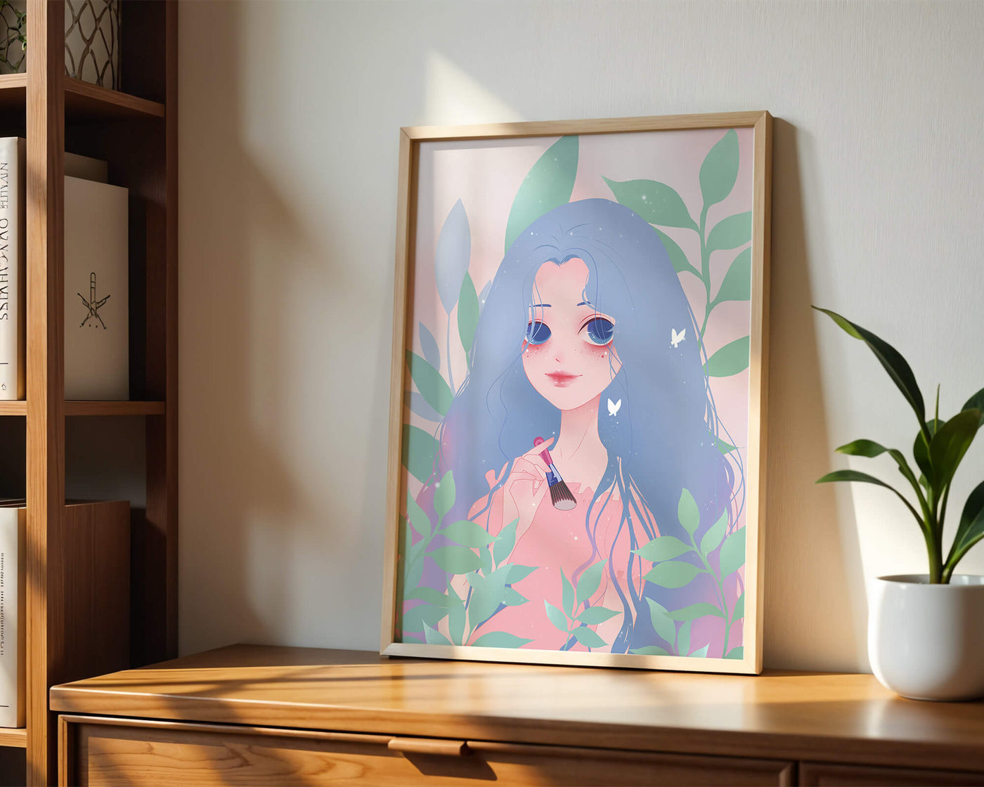 Illustration of a blue-haired girl surrounded by greenery
