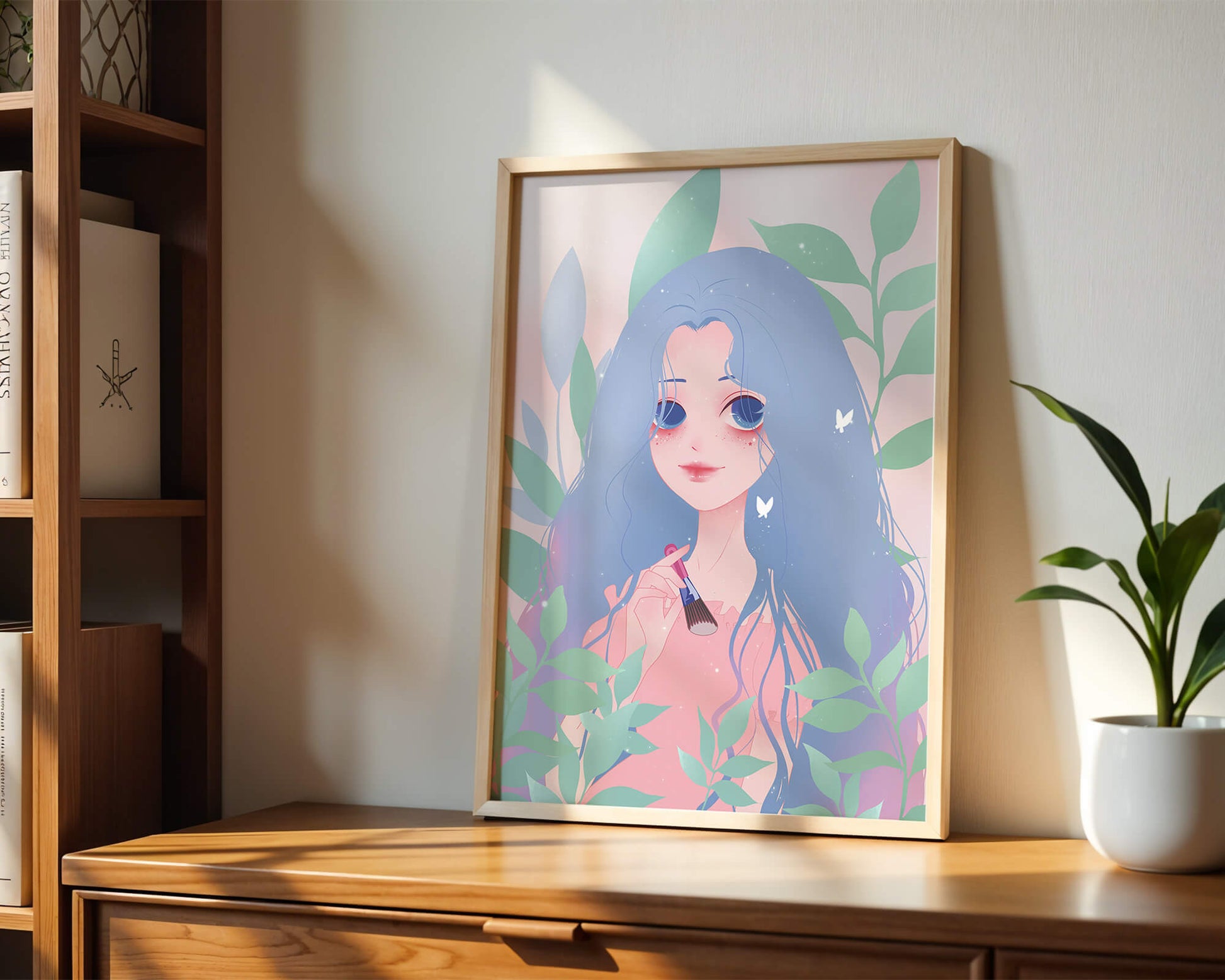 Illustration of a blue-haired girl surrounded by greenery