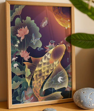 Bunte Koi-Fische mit Lotusblumen und Schmetterlingen bei Sonnenuntergang