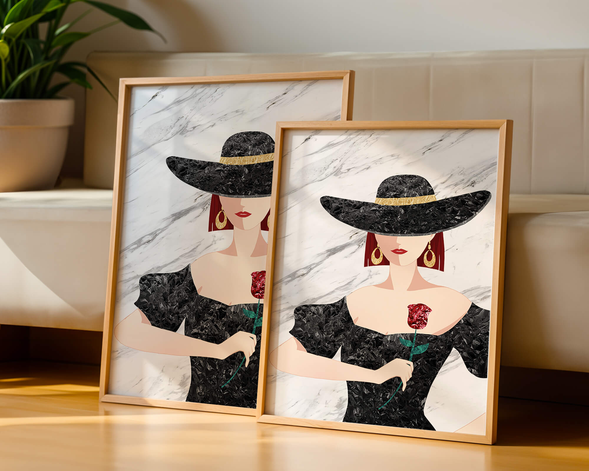Elegant woman in wide-brimmed hat holding a rose on marble background