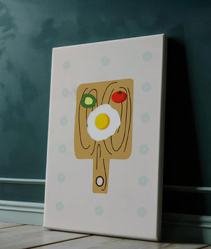 Ilustración de una escena de desayuno con huevo, aguacate y tomate sobre tabla de madera