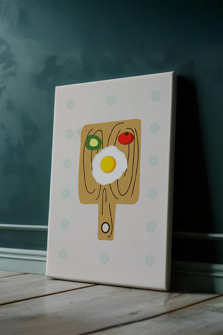 Ilustración de una escena de desayuno con huevo, aguacate y tomate sobre tabla de madera