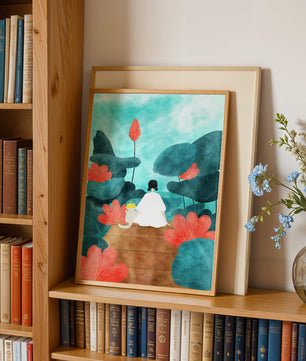 Serene scene with a person and cat among large leaves and flowers