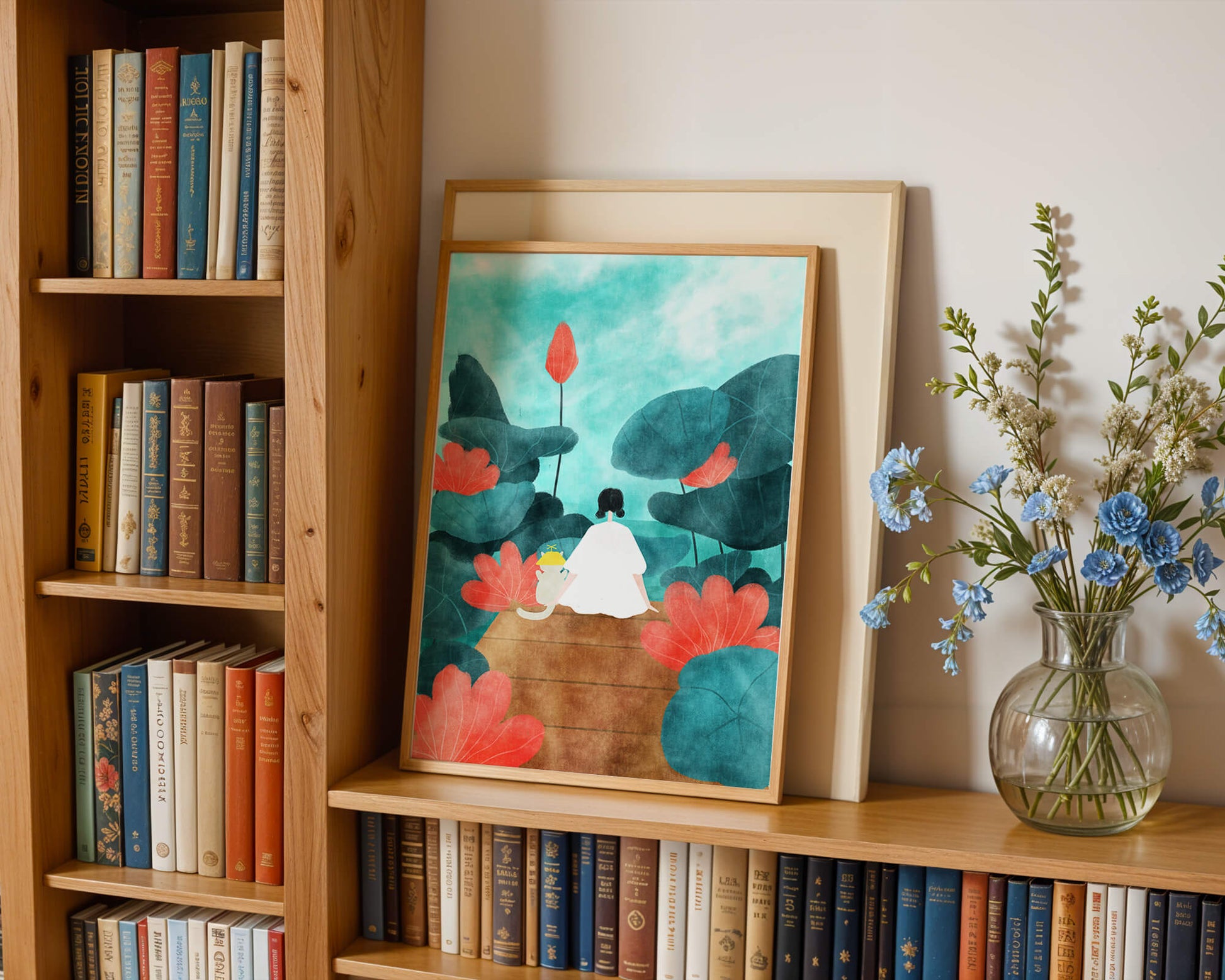 Serene scene with a person and cat among large leaves and flowers