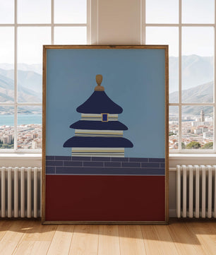 Ilustración abstracta del Templo del Cielo con detalles azules y dorados