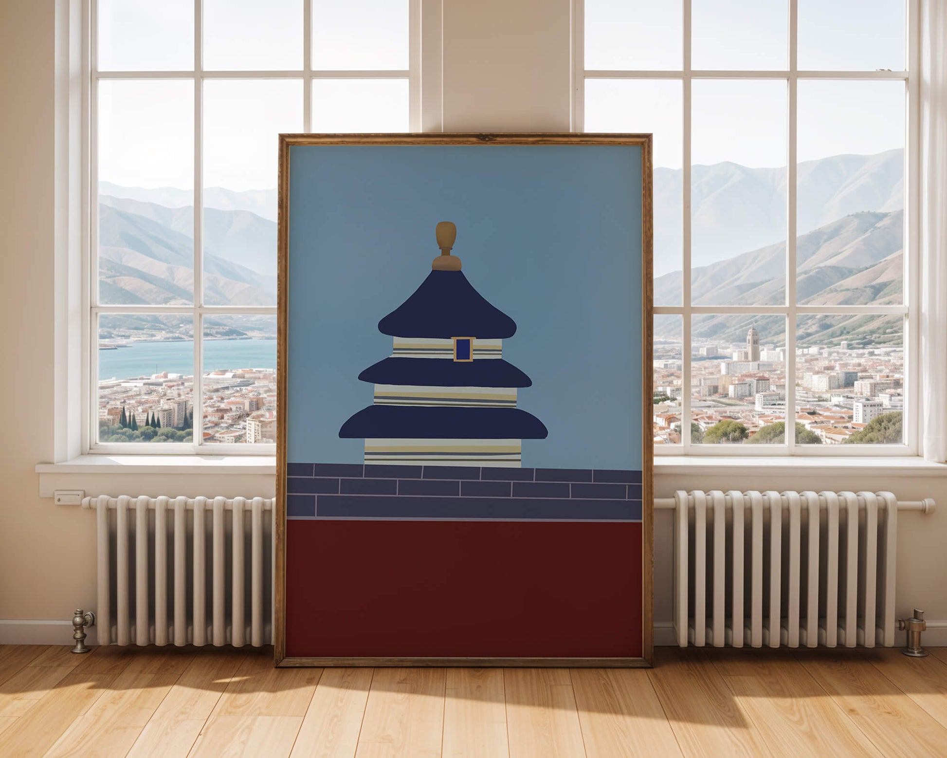 Ilustración abstracta del Templo del Cielo con detalles azules y dorados