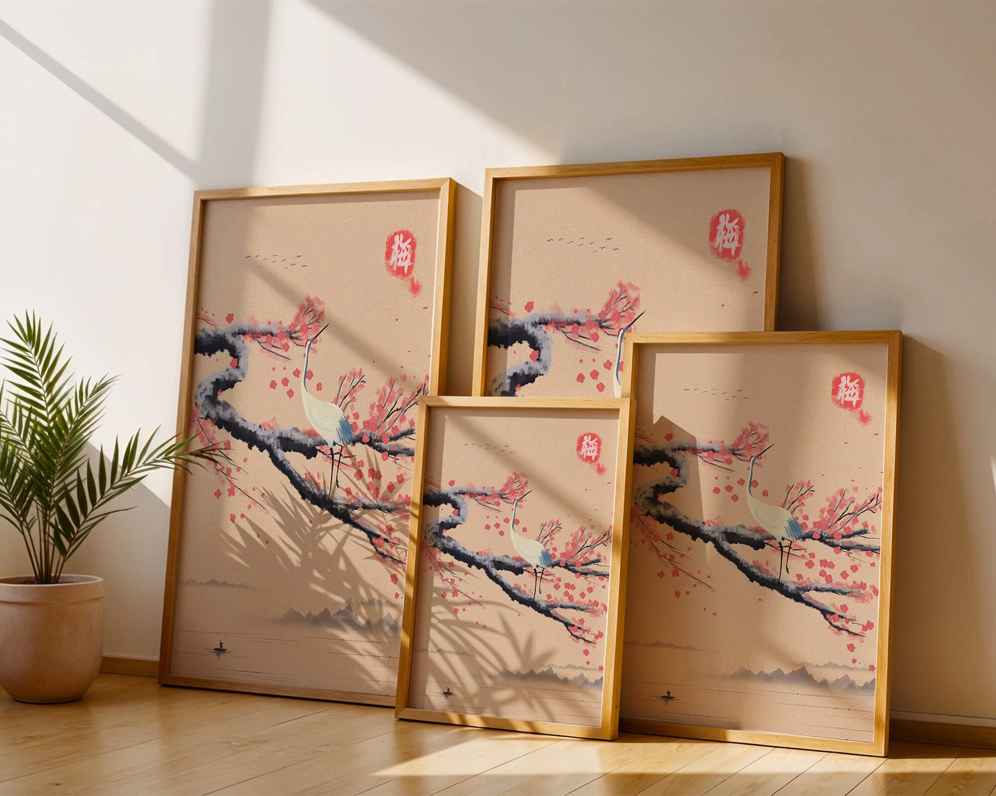 Elegant crane on cherry blossom branch with serene landscape